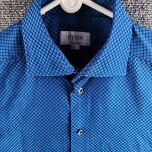 Eton Medium 15.5 Blue Dotted Button Up Long Sleeve Shiny Cotton Signature Twill